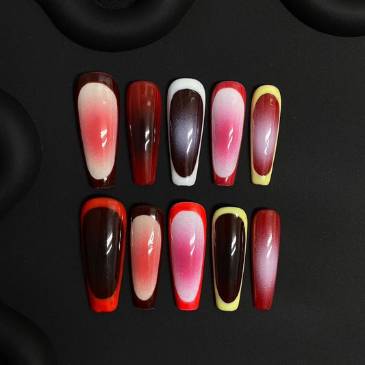 Red Aura Reverse French Coffin Ombre Nails