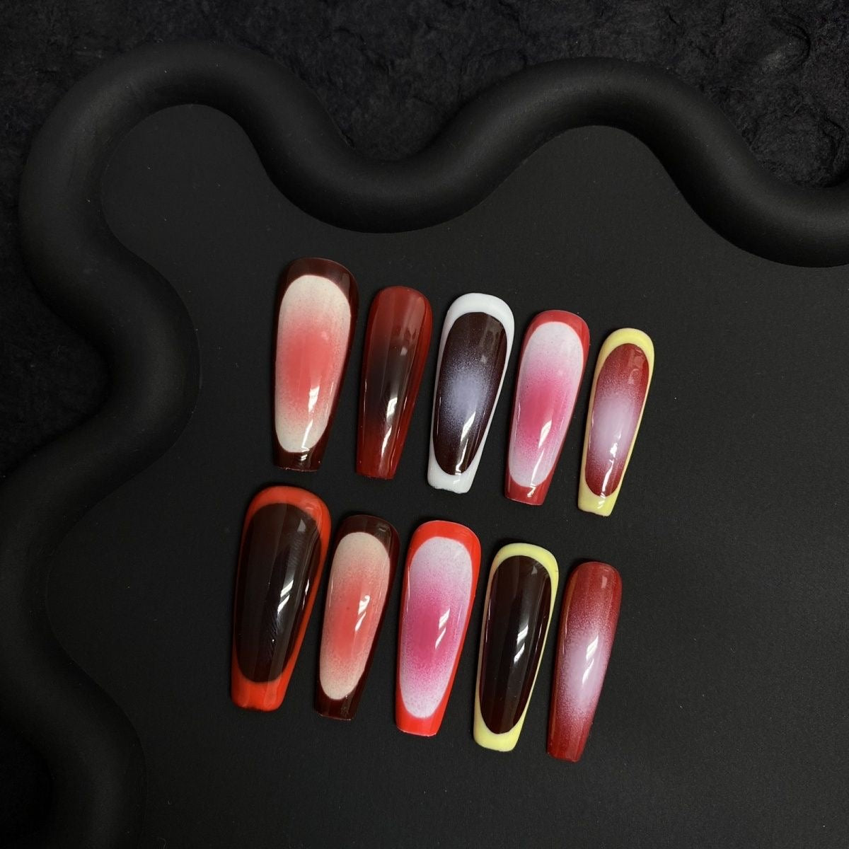 Red Aura Reverse French Coffin Ombre Nails