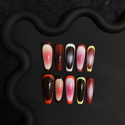 Red Aura Reverse French Coffin Ombre Nails