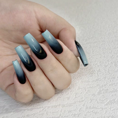 Mint And Black Long Coffin Ombre Nails