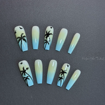 Palm Trees Coffin Ombre Nails