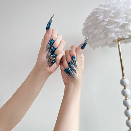 3D Chrome Blue Stiletto Ombre Nails