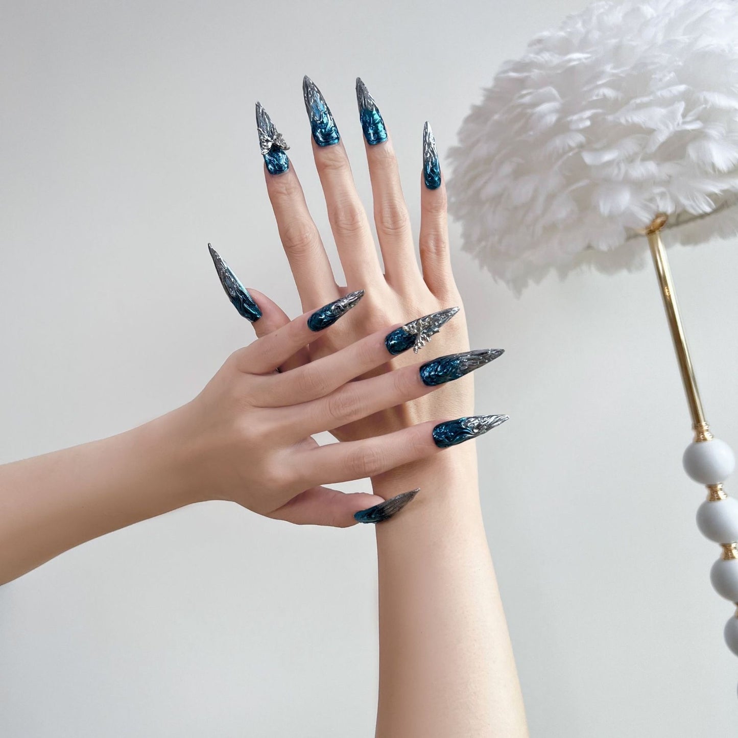 3D Chrome Blue Stiletto Ombre Nails