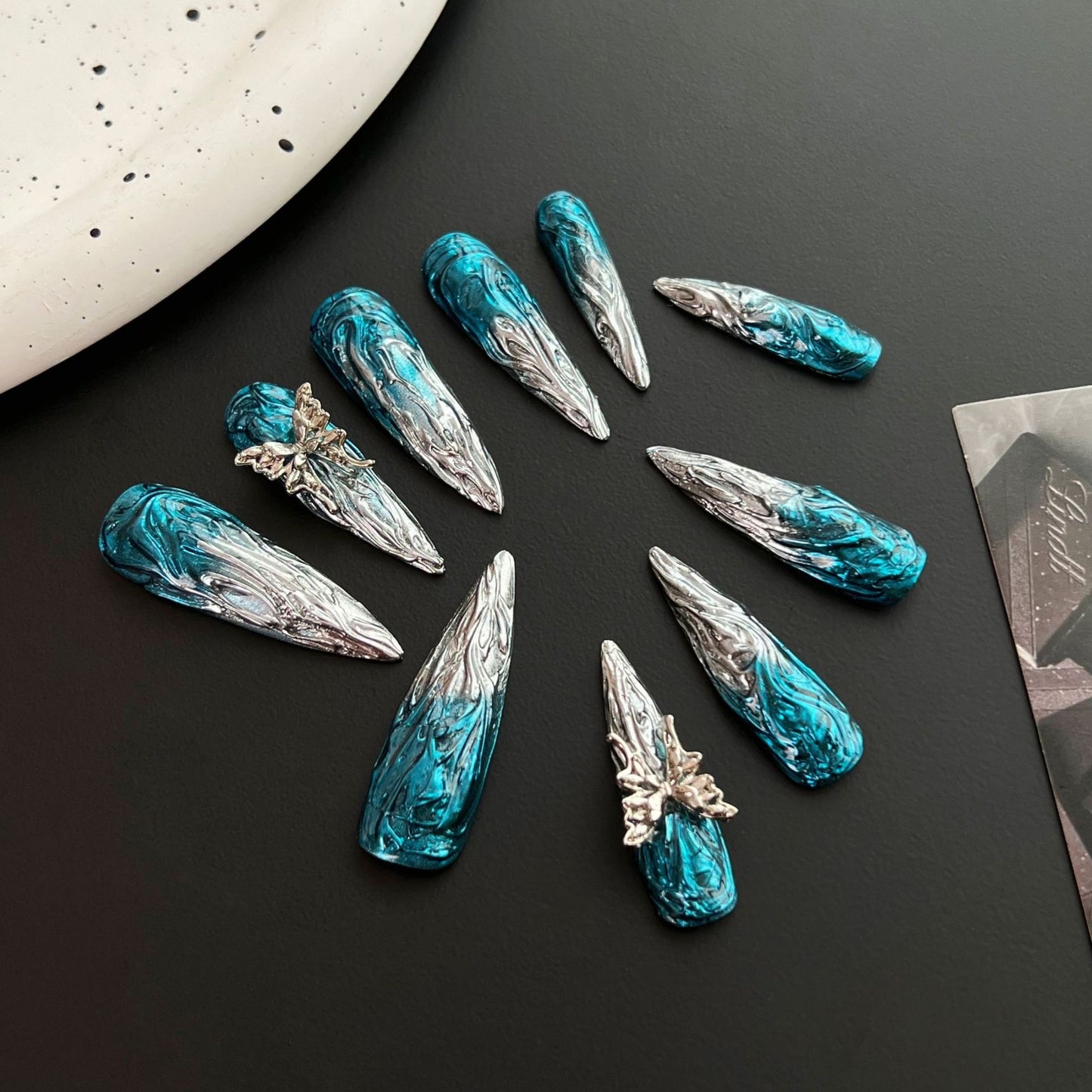 3D Chrome Blue Stiletto Ombre Nails