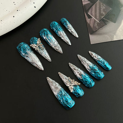 3D Chrome Blue Stiletto Ombre Nails