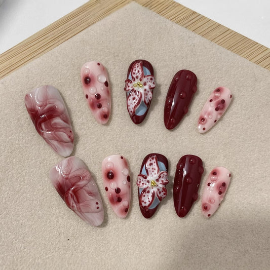 3D Demon Flower Red Brown Nails