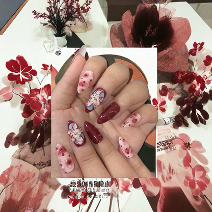 3D Demon Flower Red Brown Nails