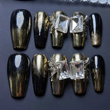 Gem Butterfly Coffin Black Ombre Nails