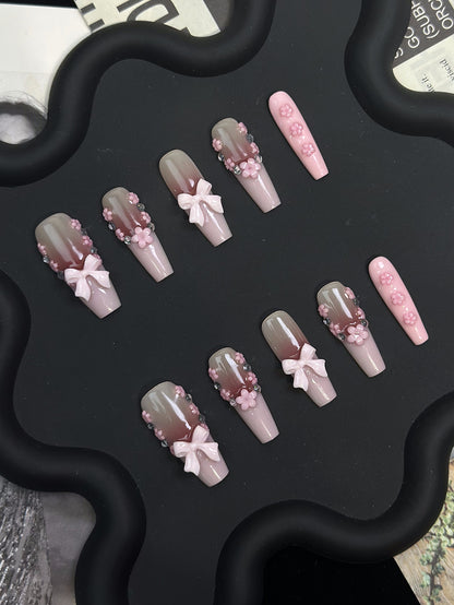 Coquette French Coffin Pink Ombre Nails