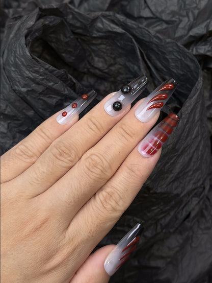 Red Black 3D Edgy Coffin Ombre Nails