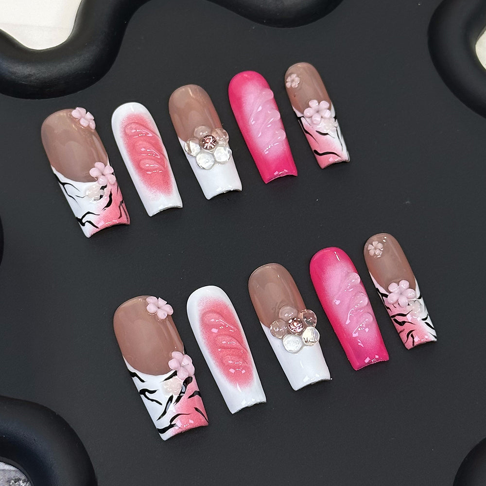 3D Flower Zebra Coffin Pink Ombre Nails