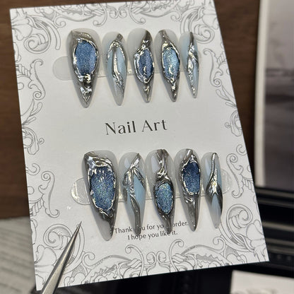 Blue Cat Eye Chrome Stiletto Ombre Nails