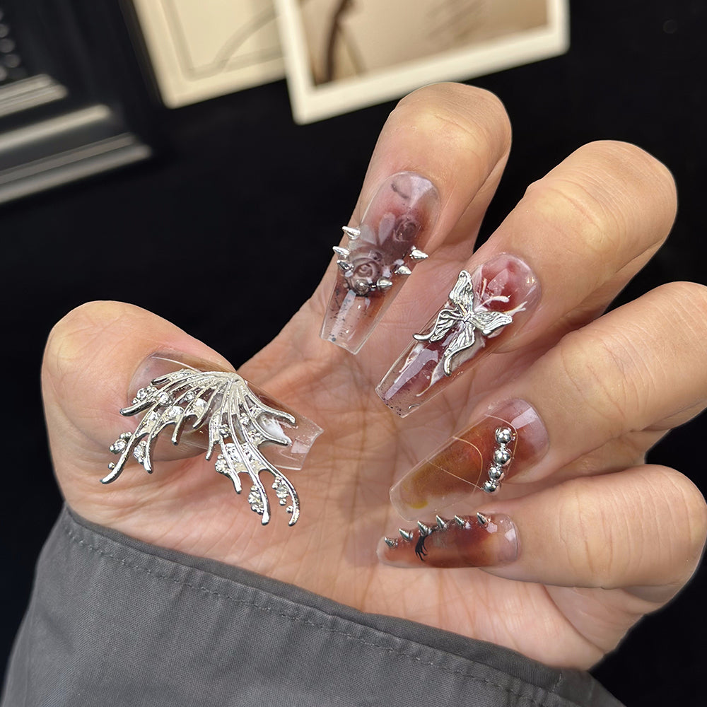 3D Butterfly Clear Coffin Brown Ombre Nails