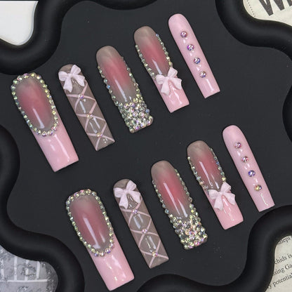 Coquette Rhinestone Coffin Pink Ombre Nails