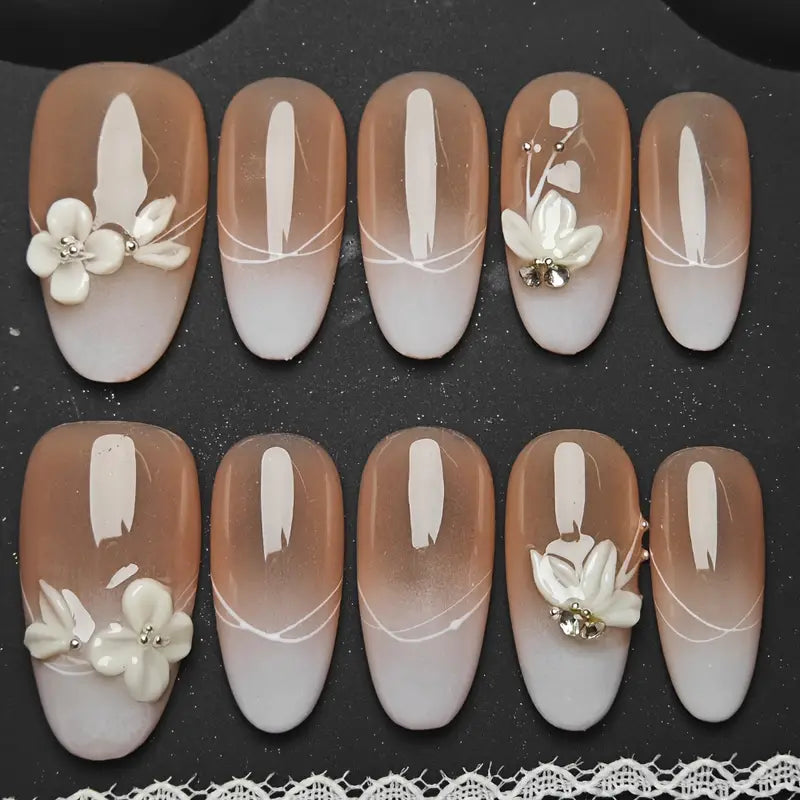 3D Flower Oval Nude Ombre Nails