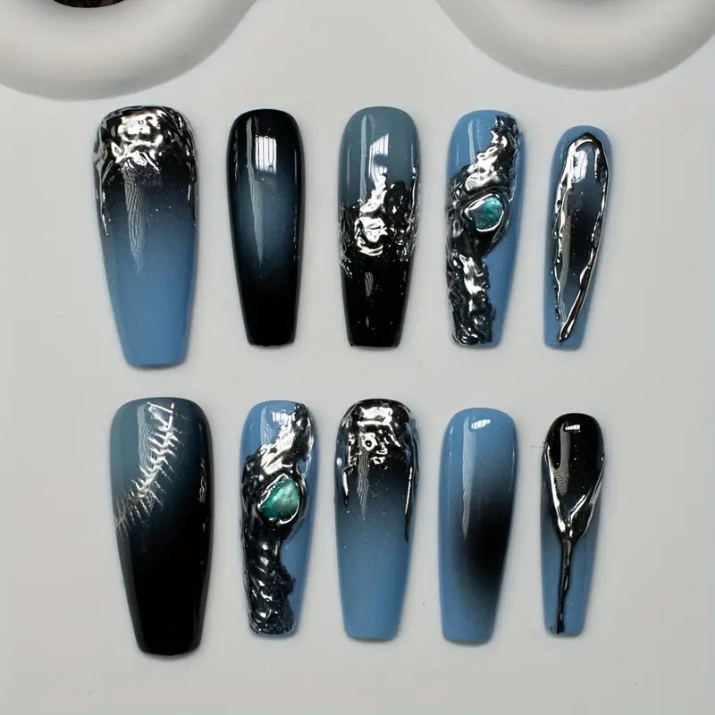 Liquid Metal Coffin Blue Ombre Nails