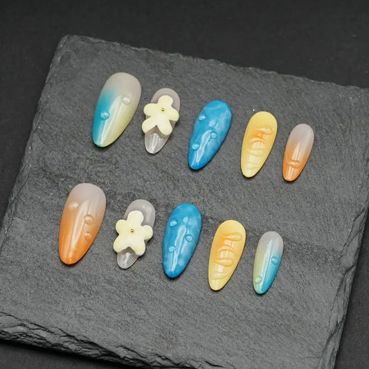 3D Beach Water Almond Blue Ombre Nails