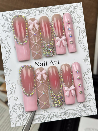 Coquette Rhinestone Coffin Pink Ombre Nails