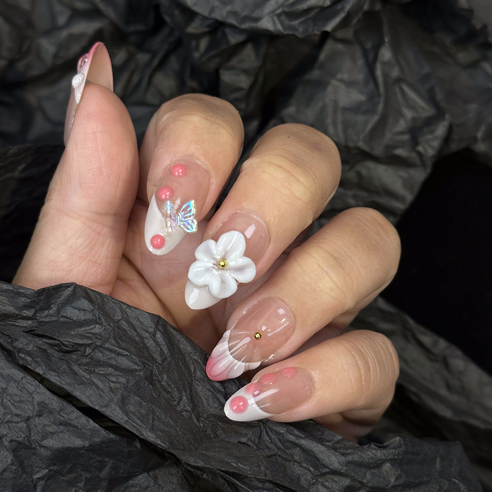 3D Flower French Almond Pink Ombre Nails