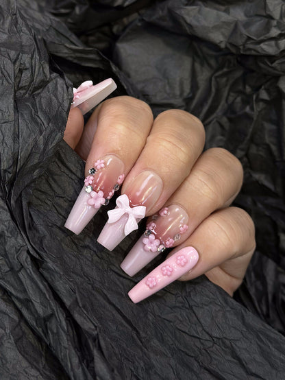 Coquette French Coffin Pink Ombre Nails