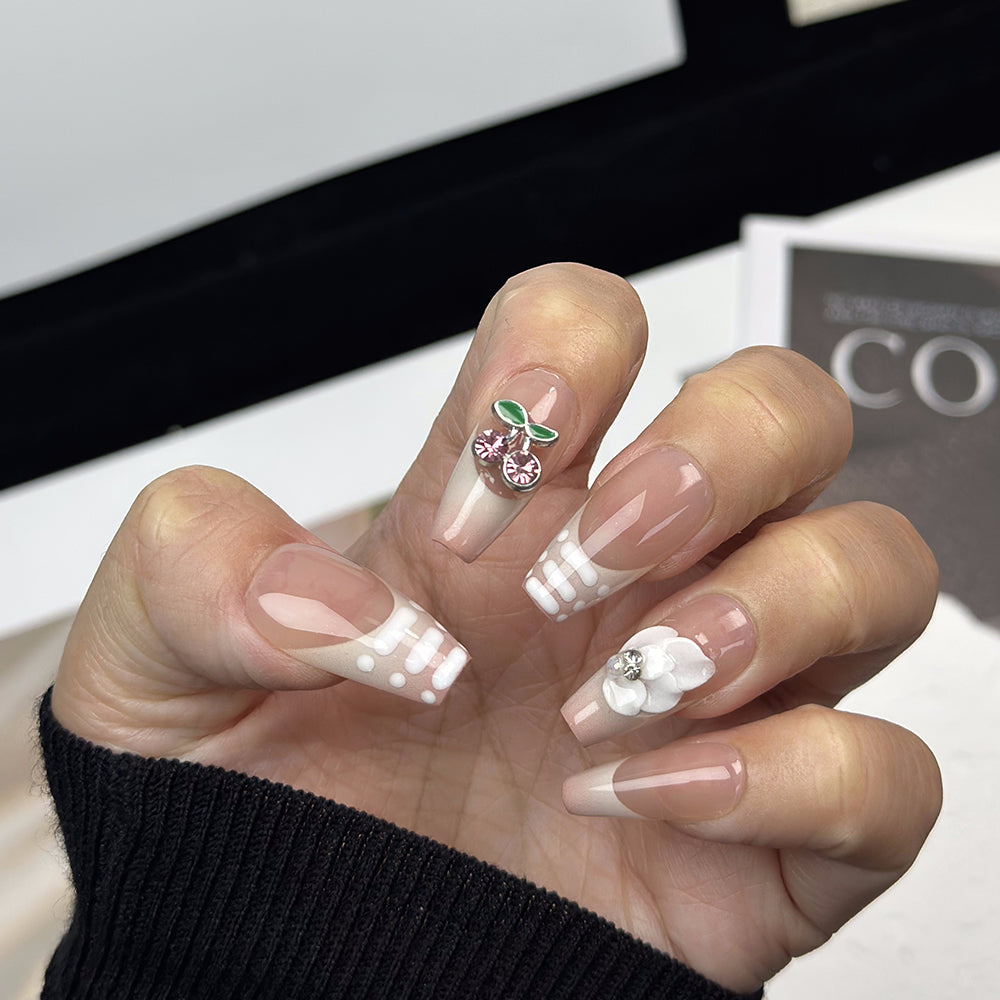 French 3D Cherry Coffin Beige Ombre Nails