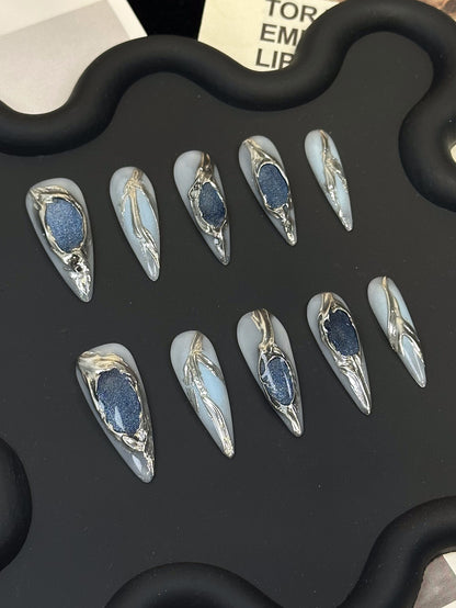 Blue Cat Eye Chrome Stiletto Ombre Nails