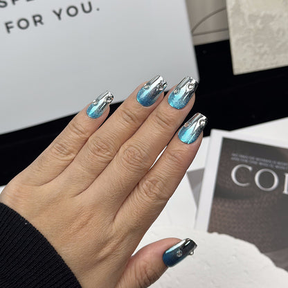 Metalic Rhinestone Coffin Blue Ombre Nails