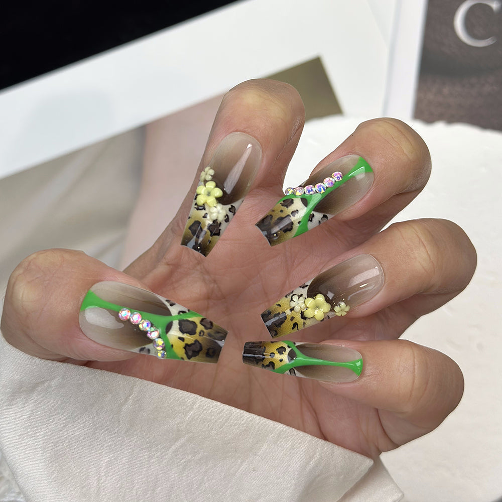 Leopard French Rhinestone Coffin Green Ombre Nails