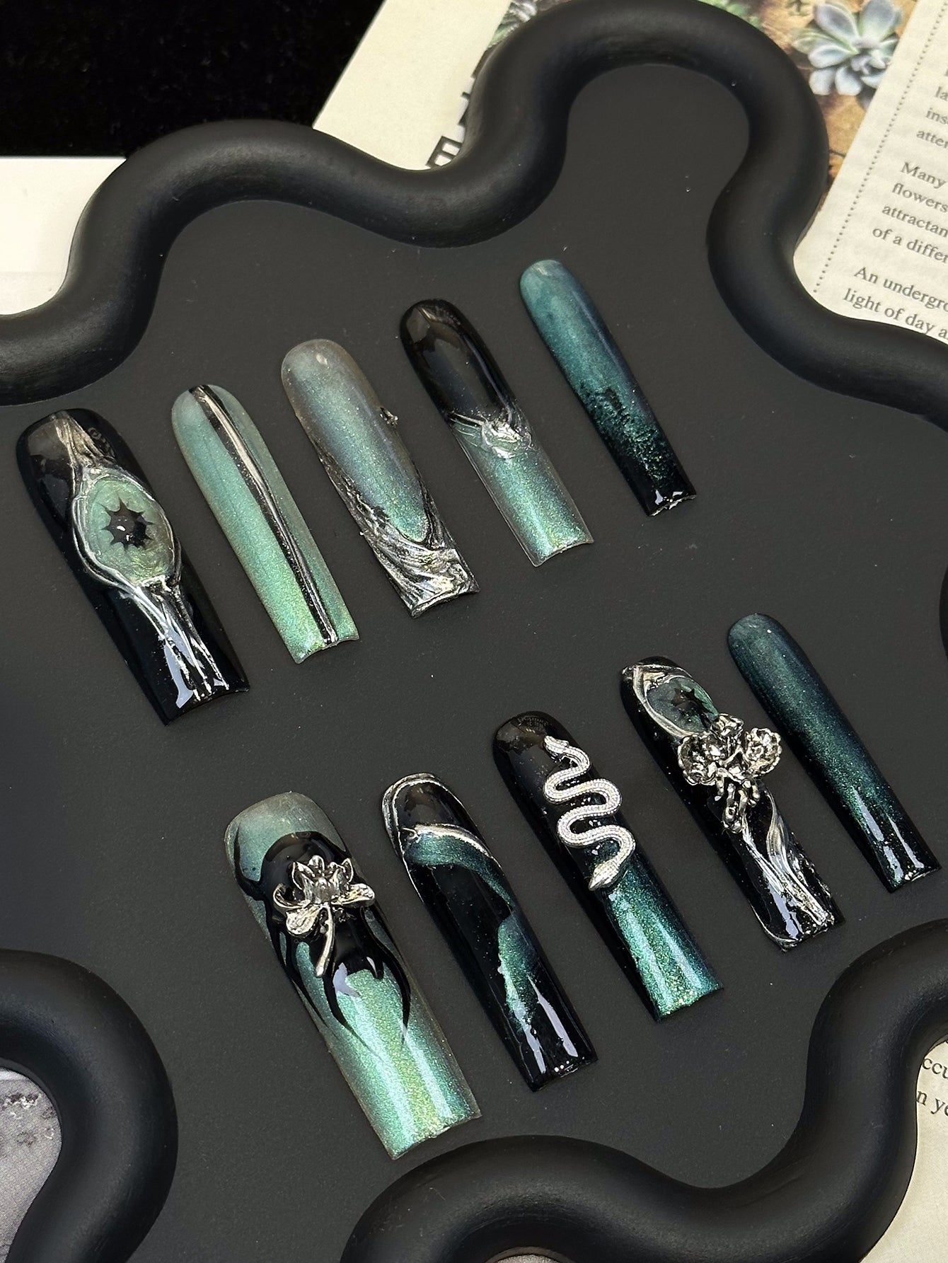 3D Snake Witch Coffin Mint Ombre Nails