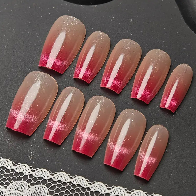 Cat Eye French Coffin Red Ombre Nails