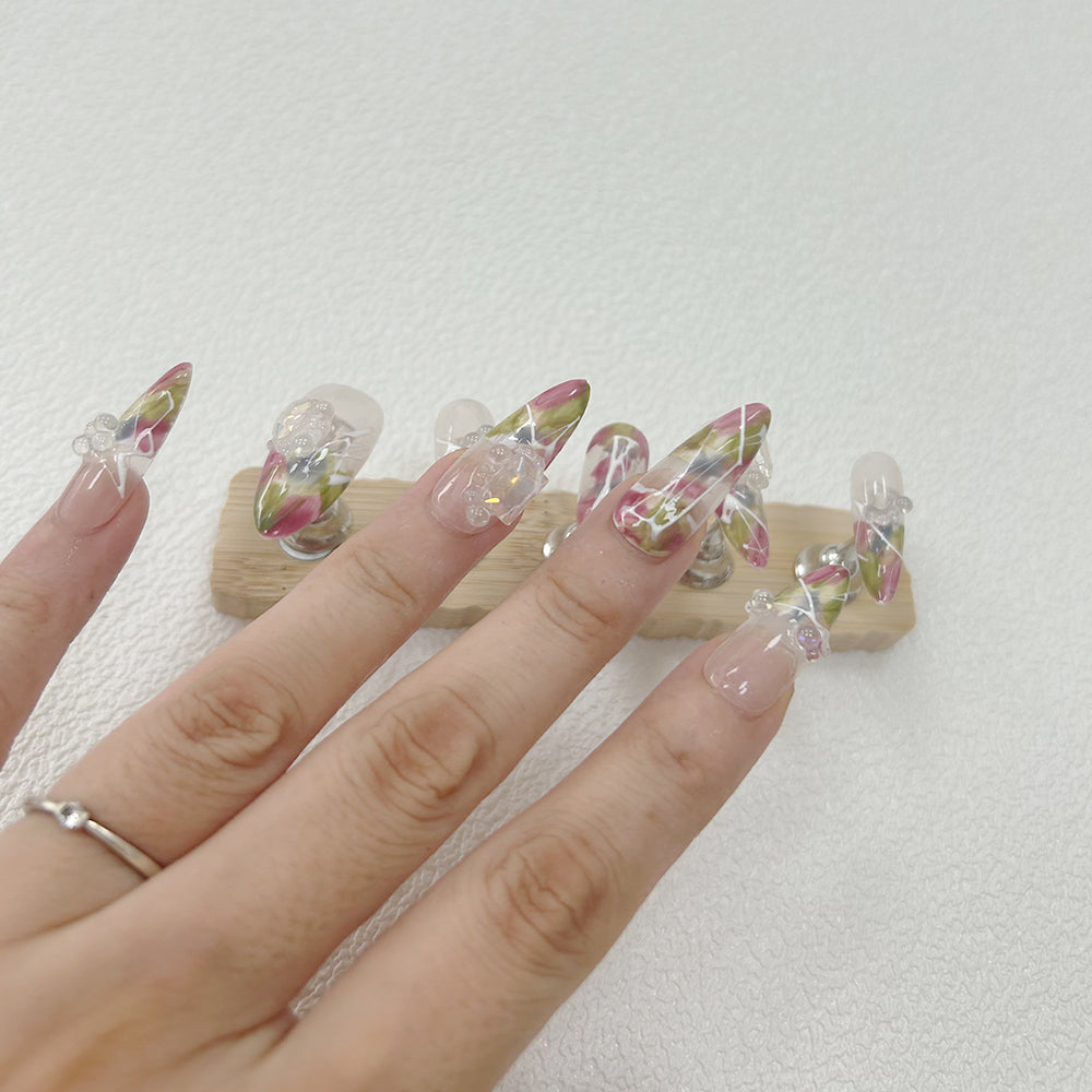 Watercolor Nails French Long Almond Rhinestone