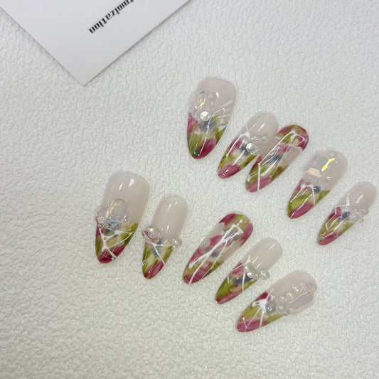 Watercolor Nails French Long Almond Rhinestone