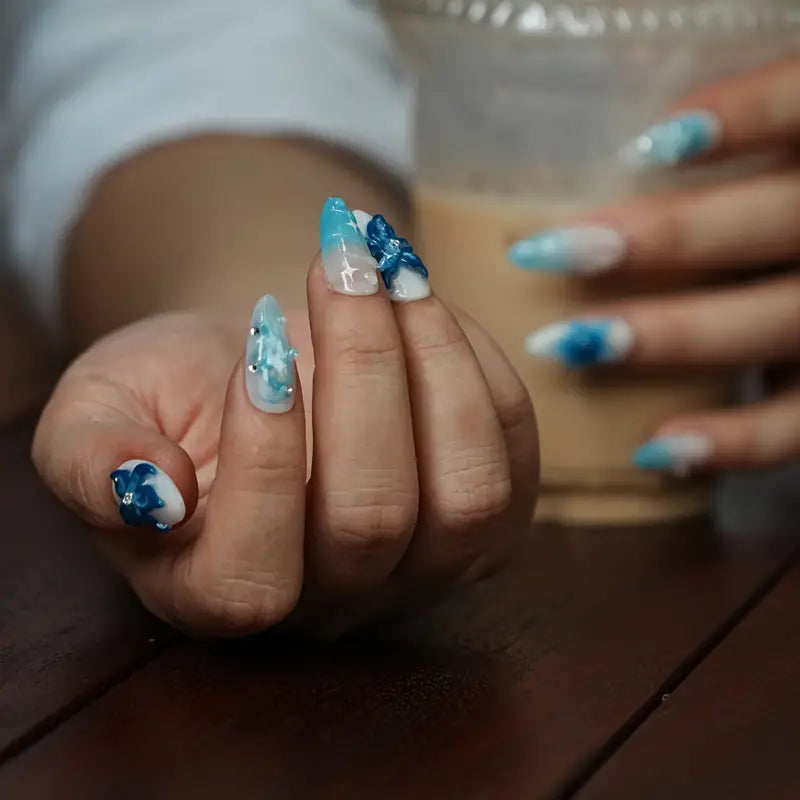 3D Lily Almond Blue Ombre Nails