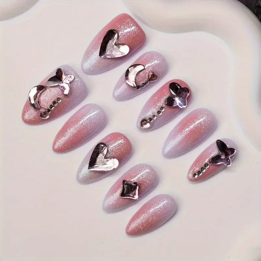 Diamond Heart Glitter Almond Pink Ombre Nails