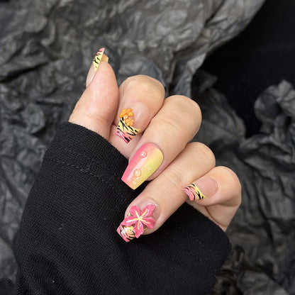 Tiger French Flower Coffin Pink Ombre Nails