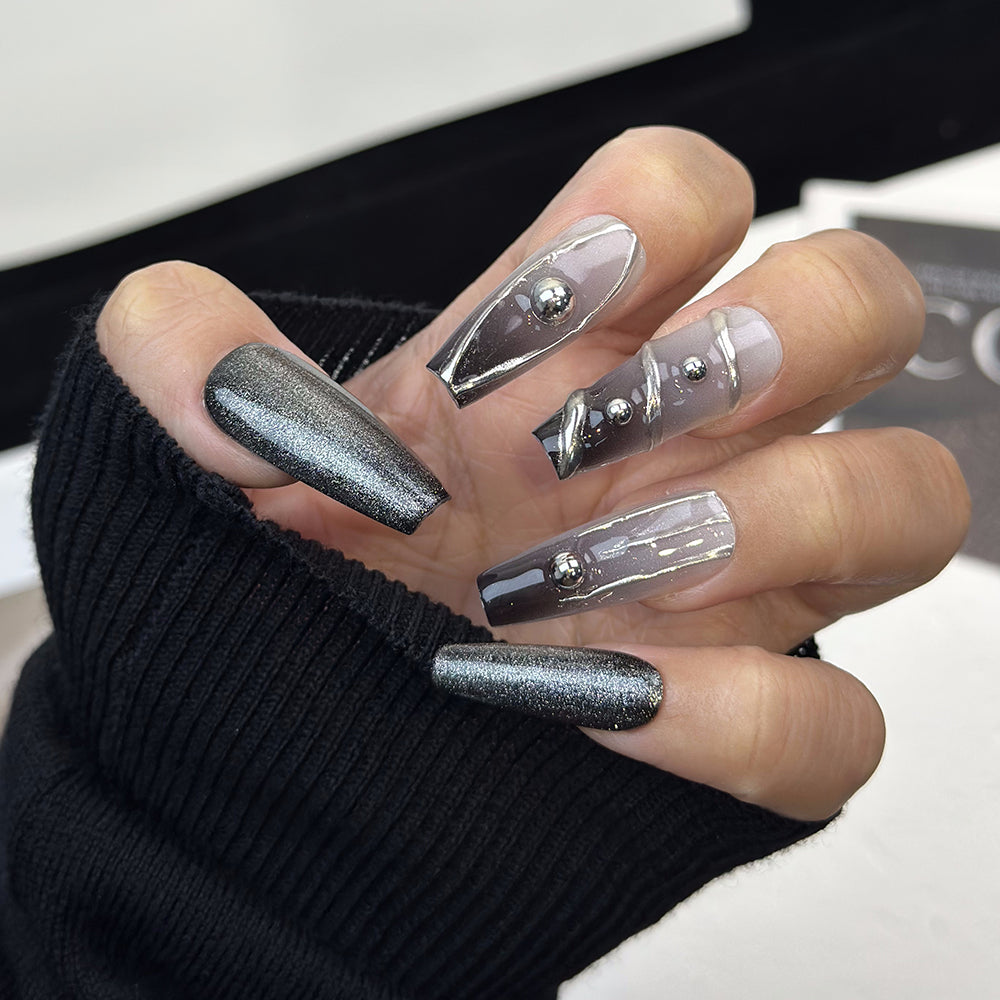 3D Swirl Coffin Black Ombre Nails