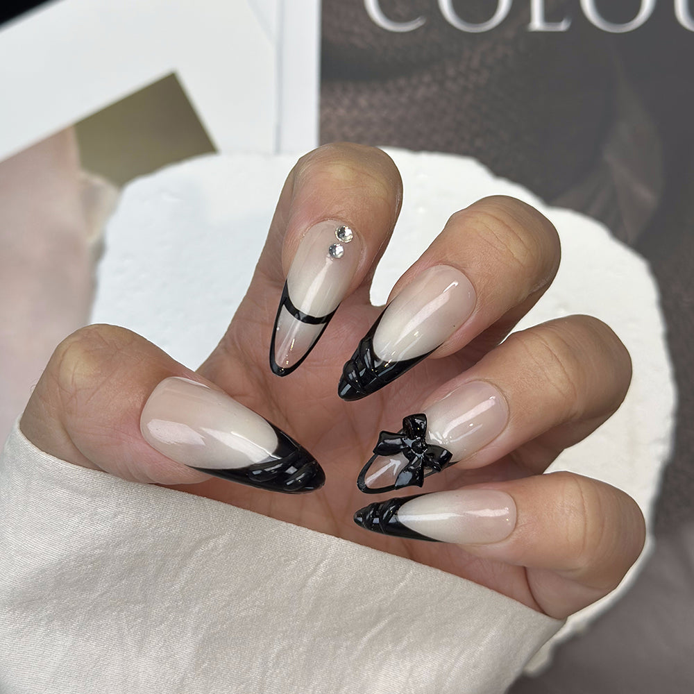 Hollow French Bow Almond Beige Ombre Nails