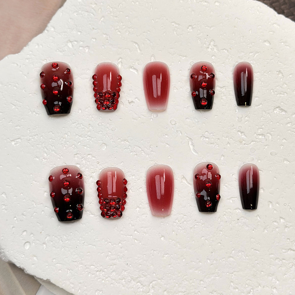 Rhinestone Coffin Red Ombre Nails