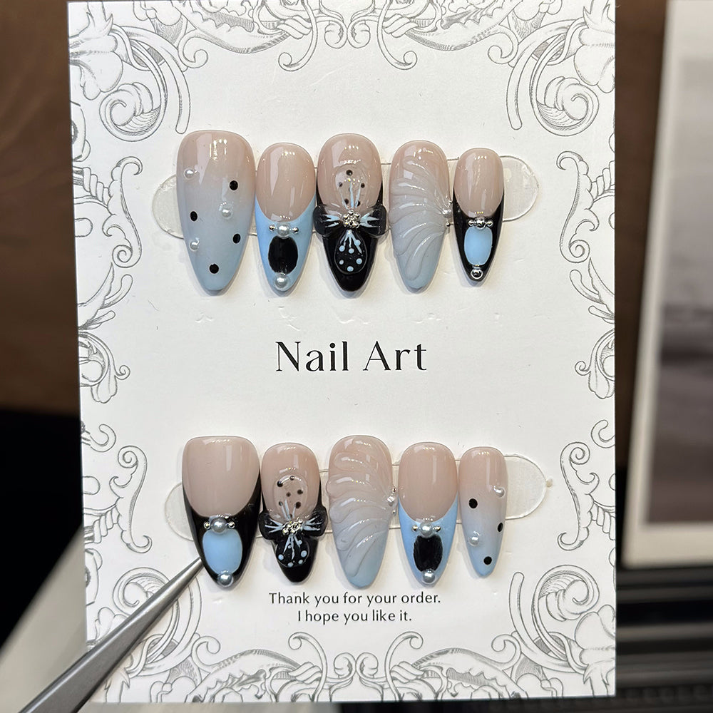 Jelly Flower Dots Almond Blue Ombre Nails