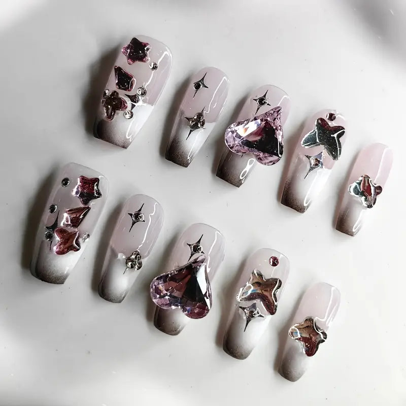 Heart Rhinestone French Coffine White Ombre Nails