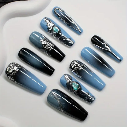 Liquid Metal Coffin Blue Ombre Nails