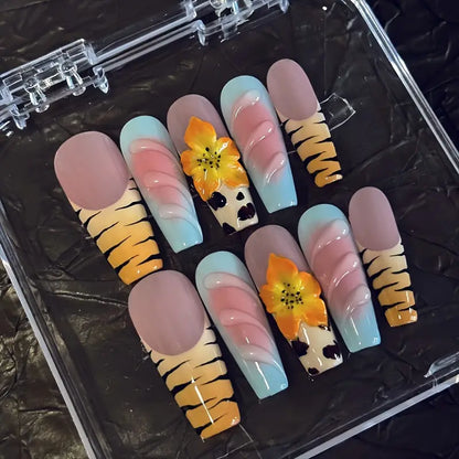 Animal Print Flower Coffin Blue Ombre Nails