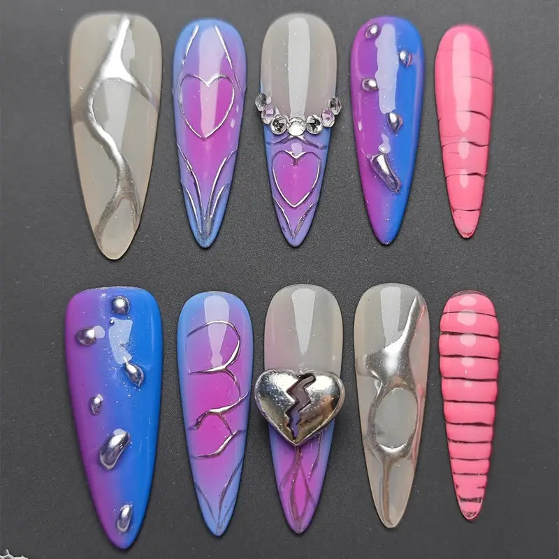 3D Heart Y2k Almond Purple Ombre Nails