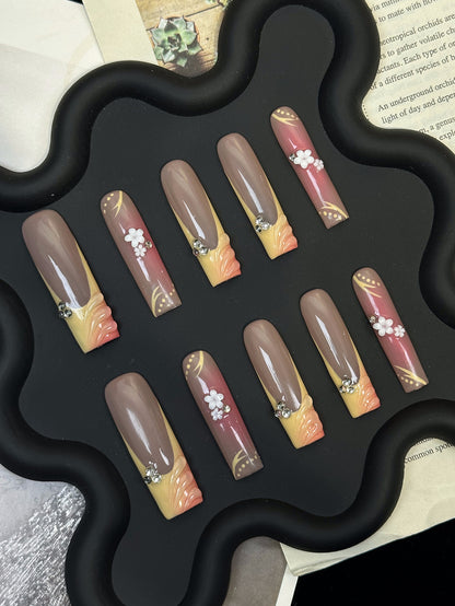 3D Tropical French Coffin Yellow Ombre Nails