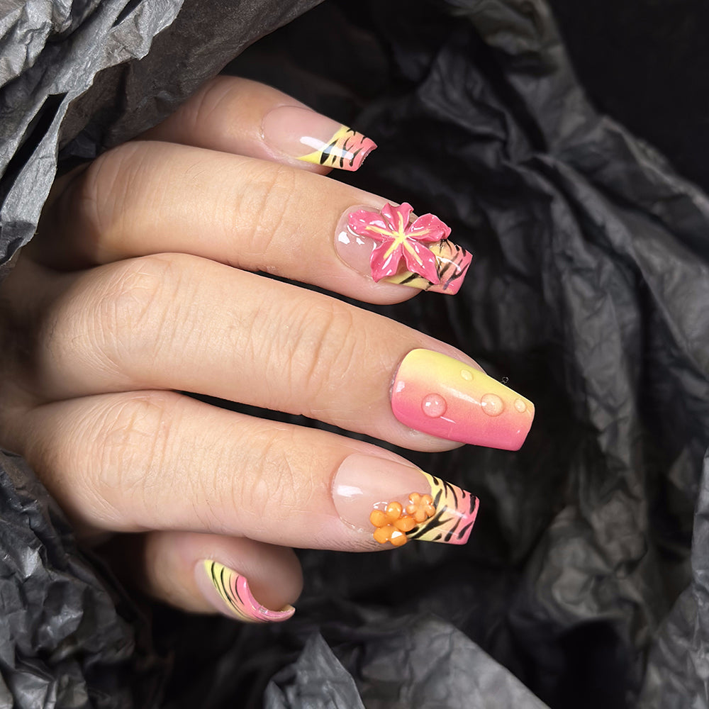 Tiger French Flower Coffin Pink Ombre Nails