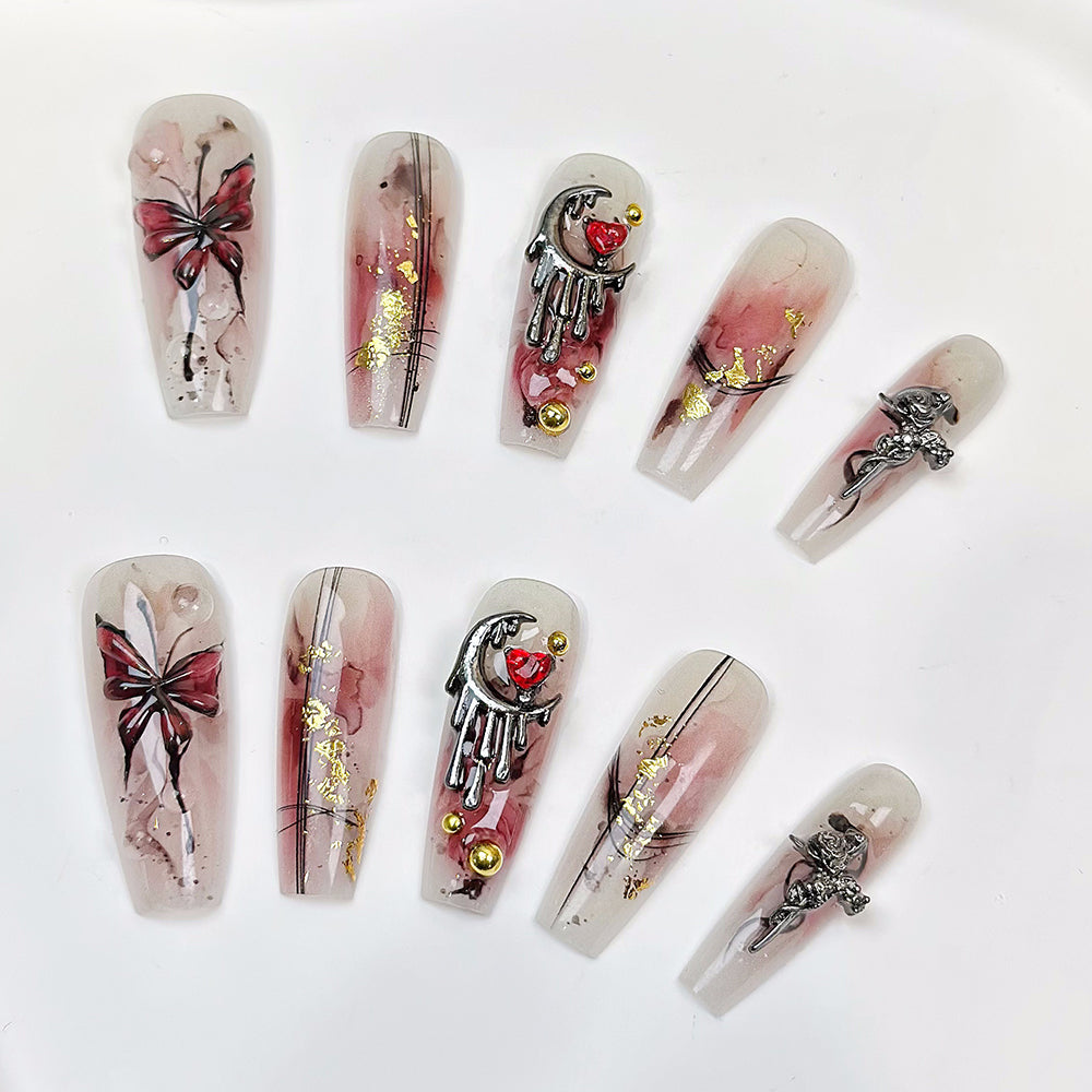 Butterfly Gold Foil Coffin Red Ombre Nails