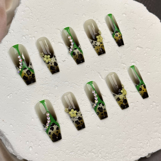 Leopard French Rhinestone Coffin Green Ombre Nails