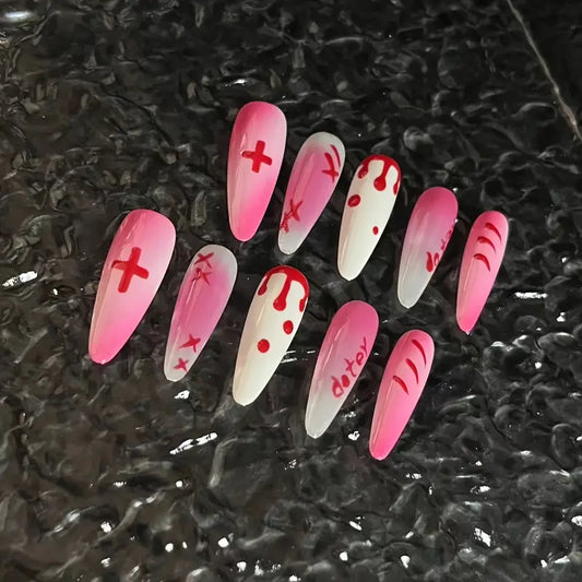 Blood Cross Almond Pink Ombre Nails