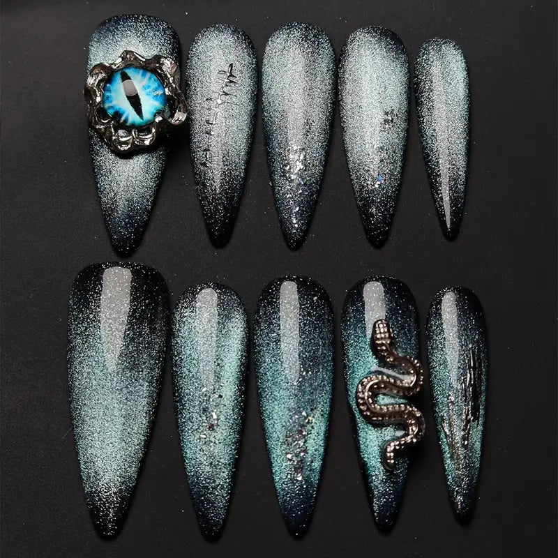 3D Evil Cat Eye Stiletto Blue Ombre Nails