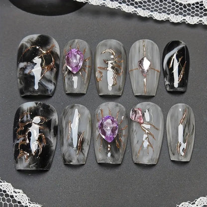 Marble Gem Coffin Black Ombre Nails